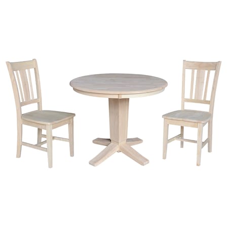 International Concepts 36 in. Solid Wood Round Top Dining Table with 2 Chairs, Unfinished K-36RT-23B-C10-2
